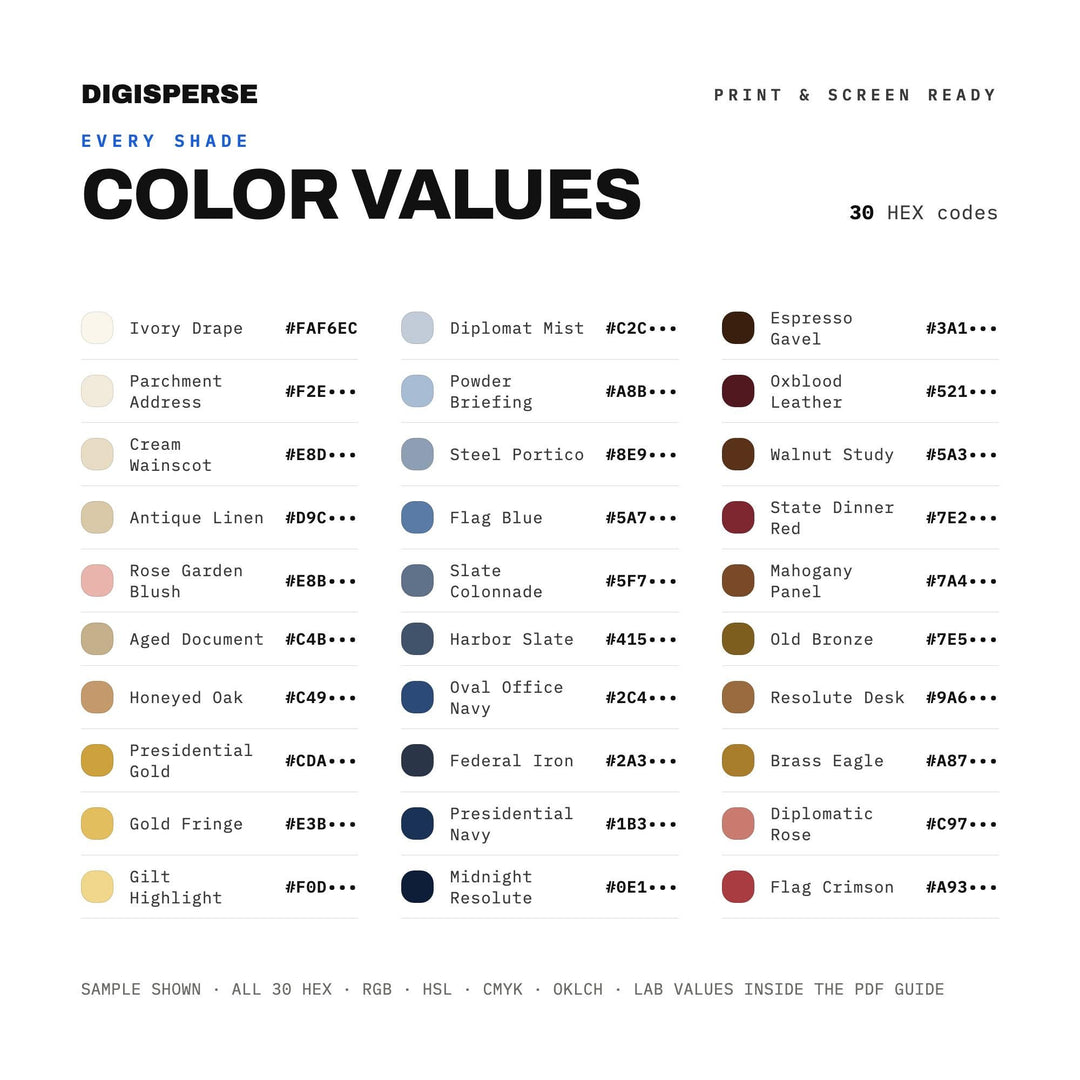 Oval Office Navy Color Palette | 30 Colors | Hex RGB CMYK | Procreate Swatches + ASE | Digital Download