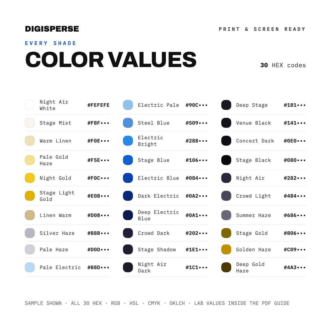 Moody Neon Color Palette for Live Music Art and Night Festival Branding, 30 Concert Glow Hues, Procreate Swatches
