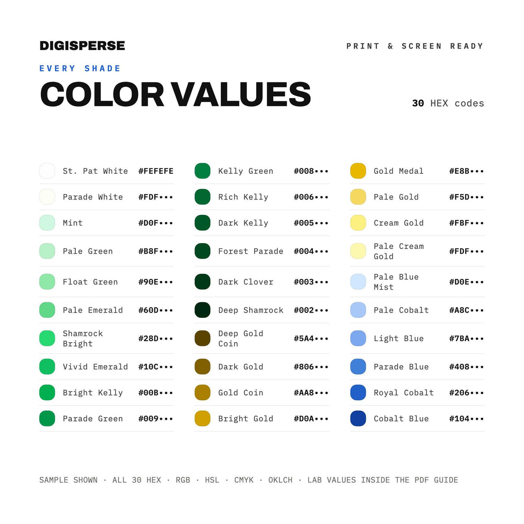 Festive Green Color Palette for St Patricks Day Art and Irish Branding, 30 Shamrock Gold Hues, Procreate Swatches