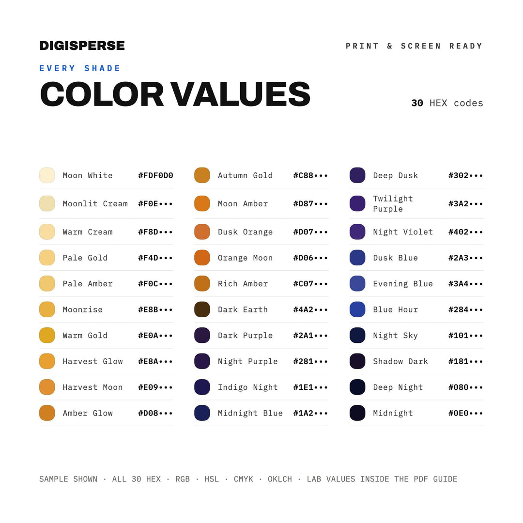 Harvest Moon Color Palette | 30 Colors | Hex RGB CMYK | Color Guide | Procreate Swatches + ASE | Digital Download