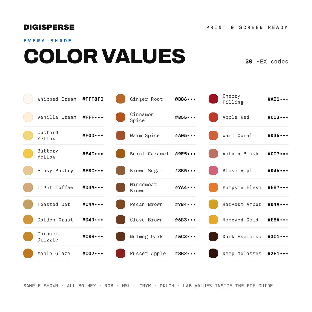 Warm Autumn Color Palette for Thanksgiving Baking Art and Cozy Kitchen Branding, 30 Harvest Pie Hues, Procreate Swatches