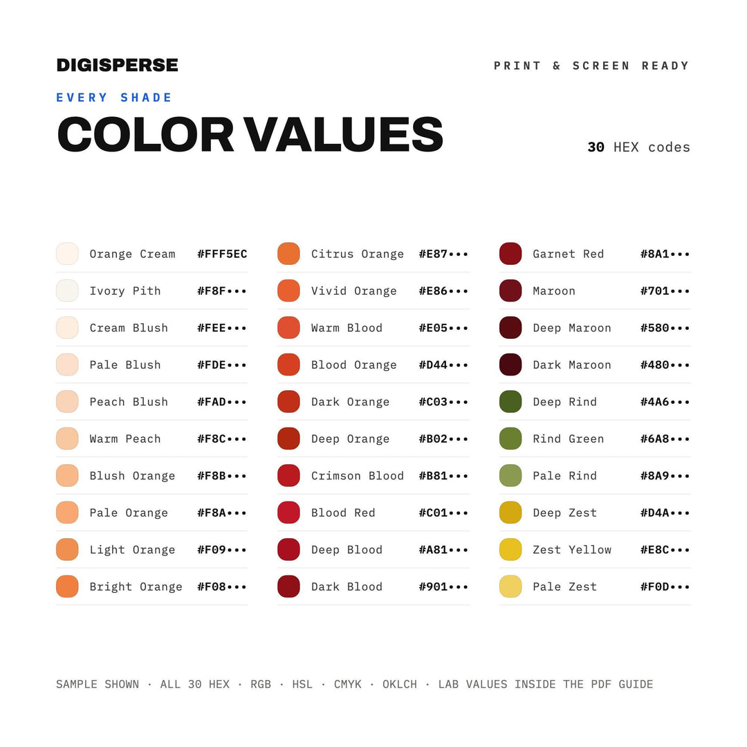 Blood Orange Color Palette | 30 Procreate Swatches, HEX, RGB, CMYK (Digital Download)