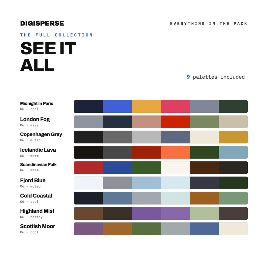 Scandinavian Color Scheme Kit, 9 Northern Capital Palettes for Nordic Design, Minimalist Homes and Baltic Travel Posters