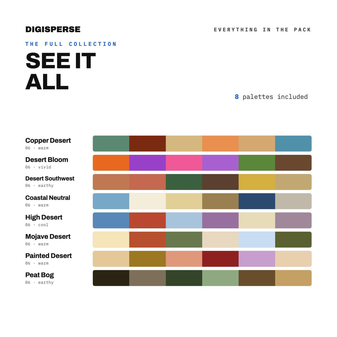 Southwest Color Scheme Set, 8 Painted Desert Palettes for Santa Fe Style Decor, Cactus Art Prints and Boho Ranch Branding