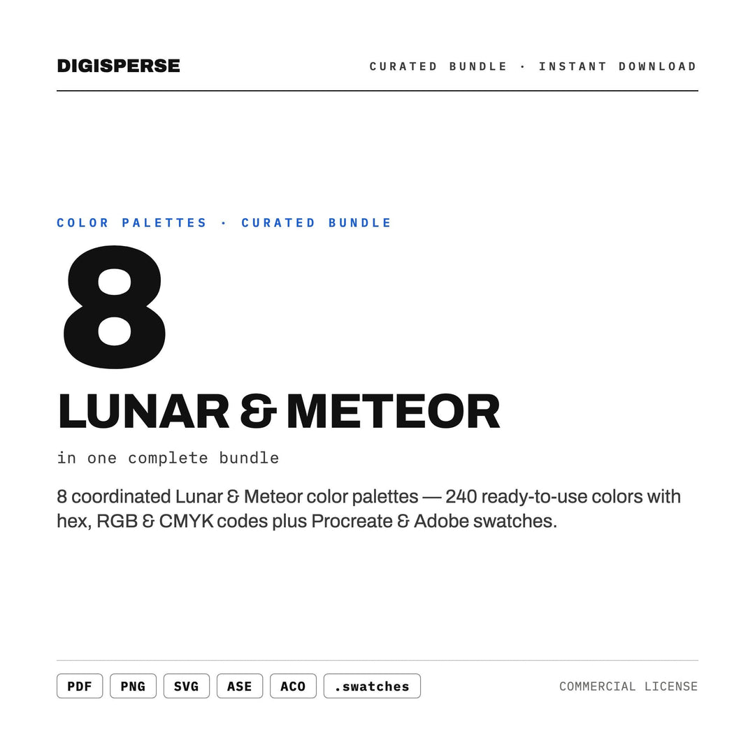 Moon Phase Color Scheme Kit, 8 Lunar and Meteor Palettes for Celestial Stationery, Astrology Branding and Night Sky Nursery Art