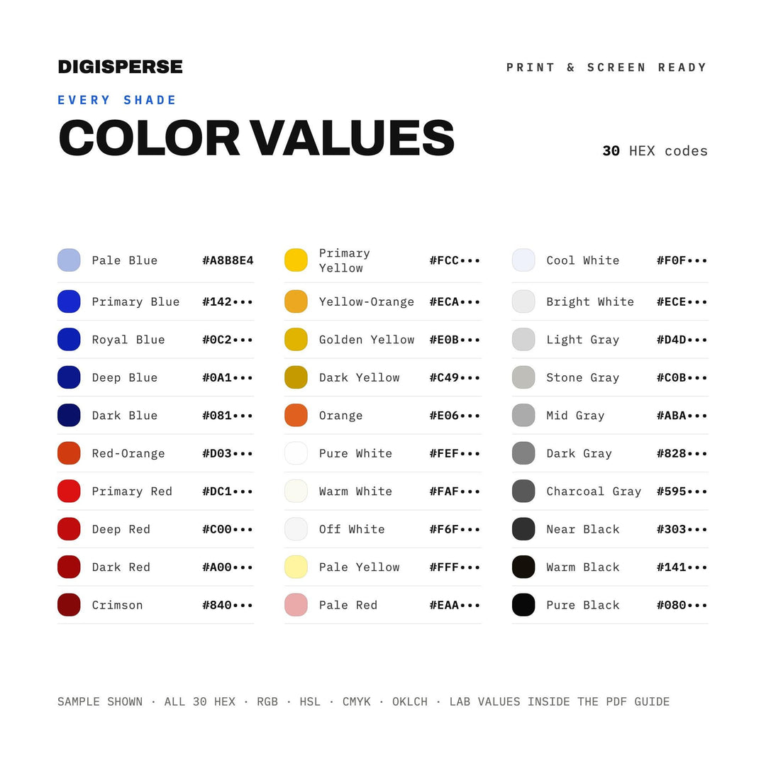 Bold Primary Color Palette for Modern Art Prints and Bauhaus Style Design, 30 De Stijl Mondrian Hues, Procreate Swatches, Hex Codes