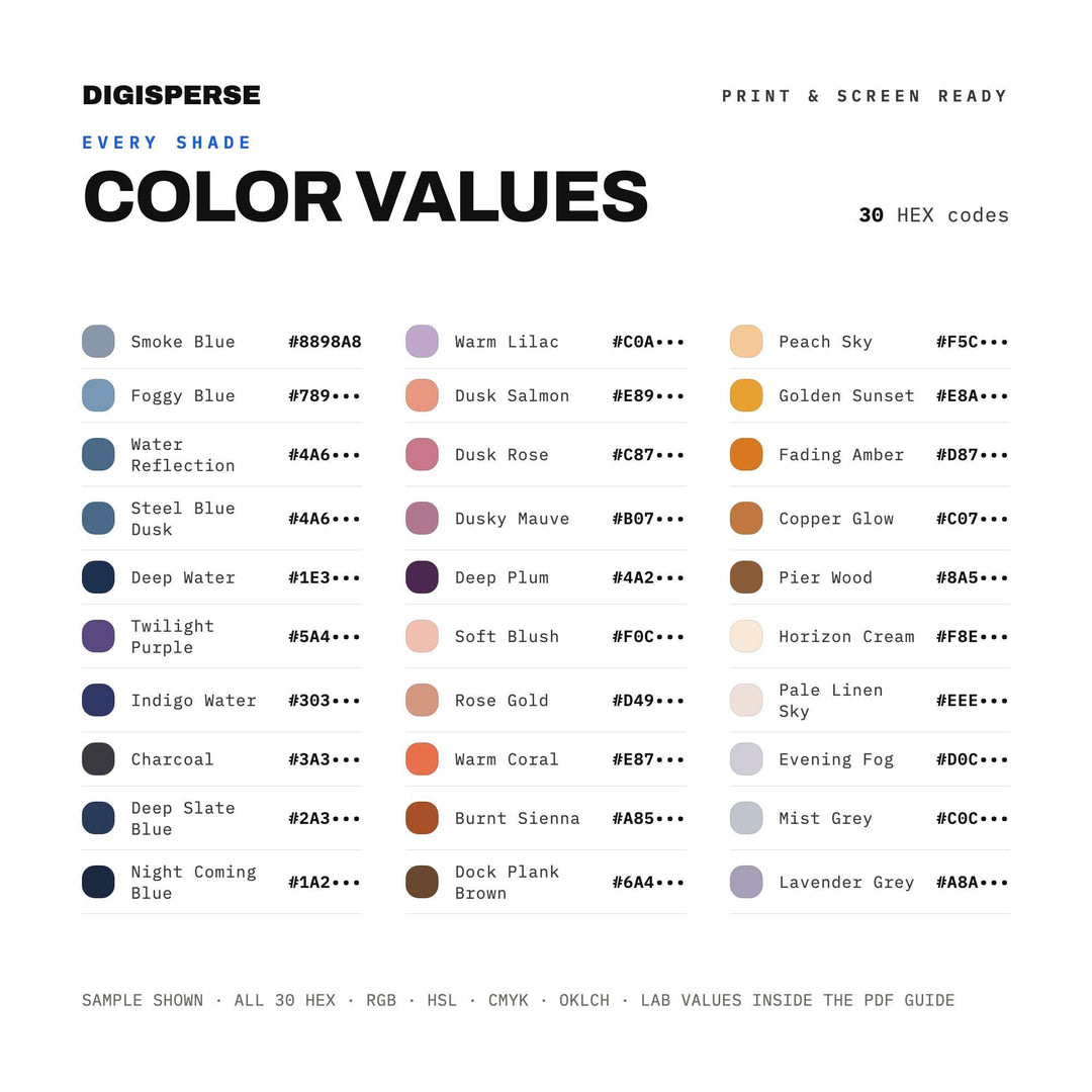 Dock at Dusk Color Palette | 30 Moody Twilight Hues (Digital Download)