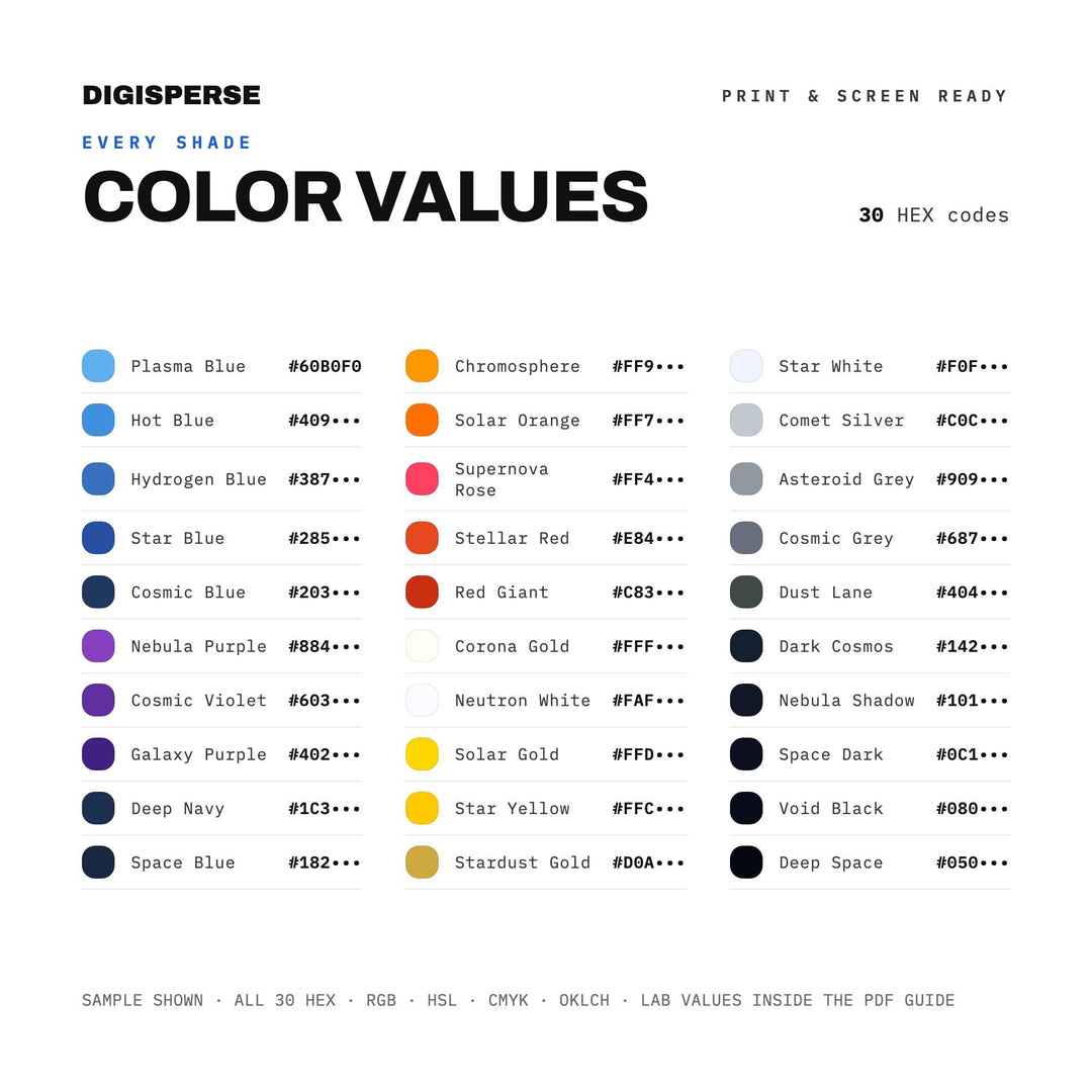 Celestial Bodies Color Palette | 30 Procreate Swatches, ASE, PDF Guide (Digital Download)