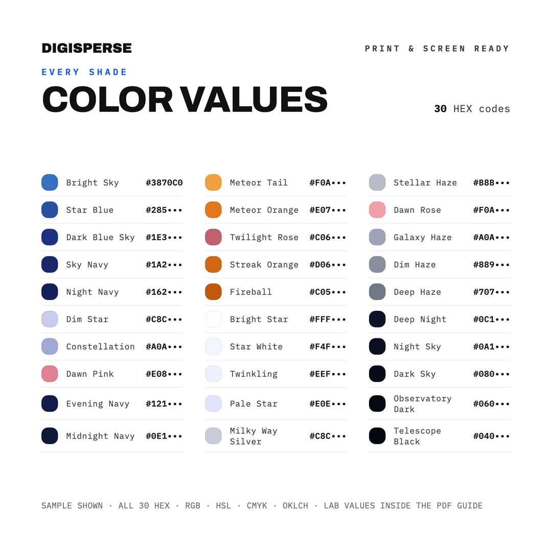 Cosmic Night Color Palette for Celestial Art and Astronomy Lover Branding, 30 Stargazer Sky Hues, Procreate Swatches, Hex Codes