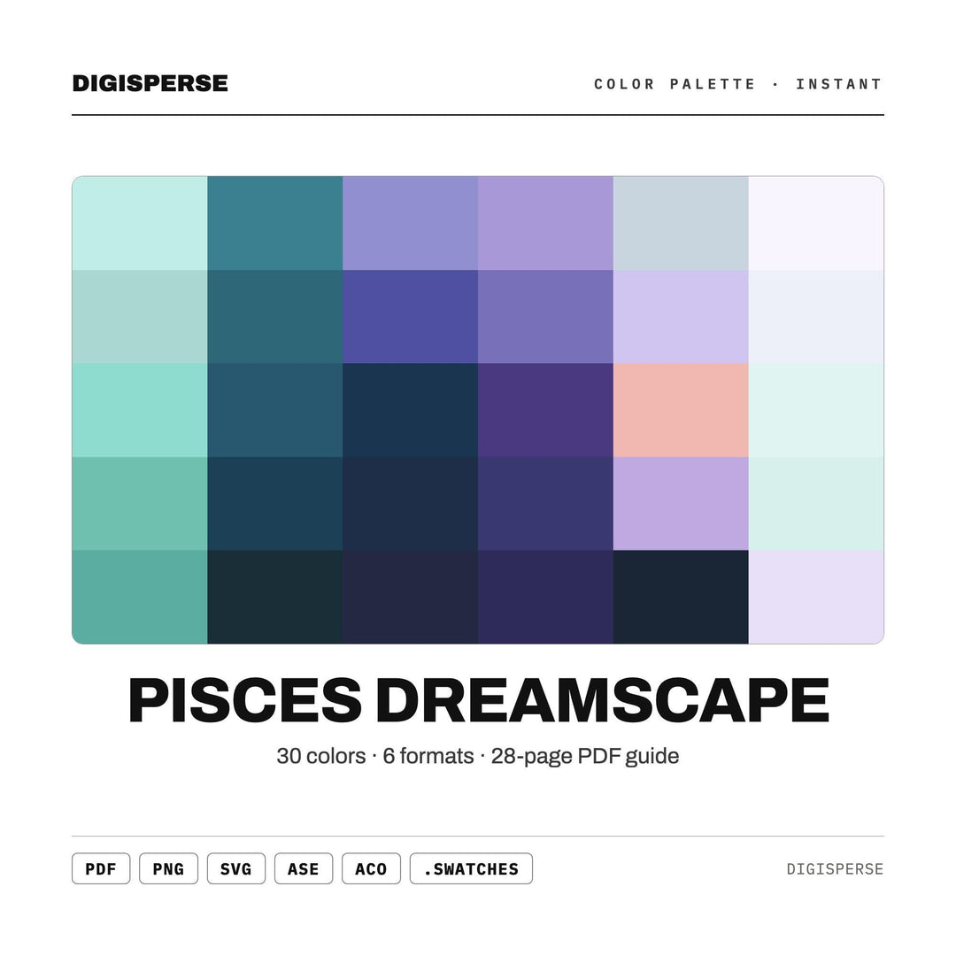 Pisces Dreamscape Color Palette | 30 Colors | Hex RGB CMYK | Procreate Swatches + ASE | Digital Download