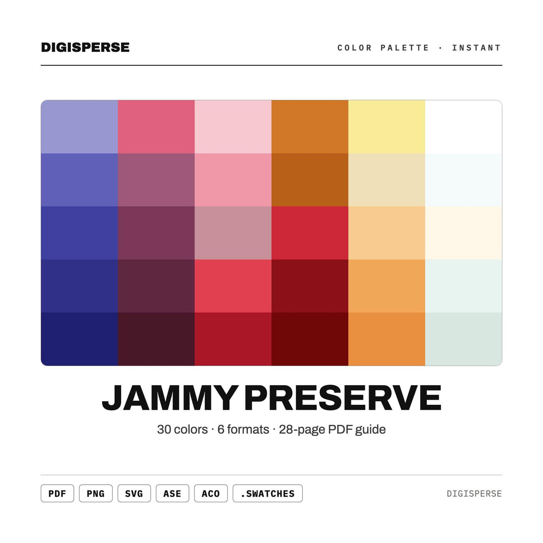 Jammy Preserve Color Palette | 30 Procreate Swatches, Hex, RGB, CMYK (Digital Download)