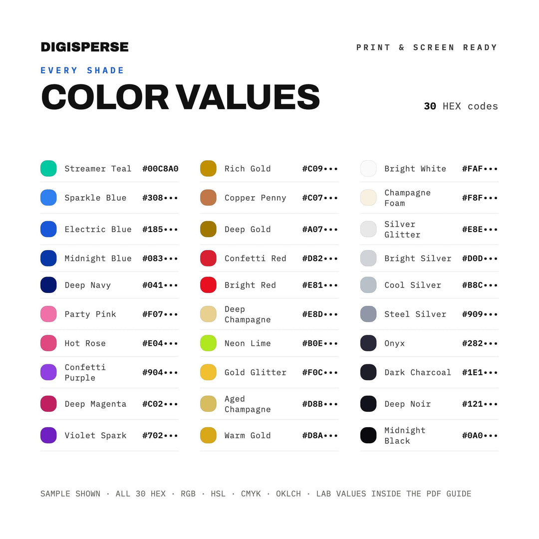 New Year's Eve Color Palette | 30 Procreate Swatches, ASE, PDF (Digital Download)