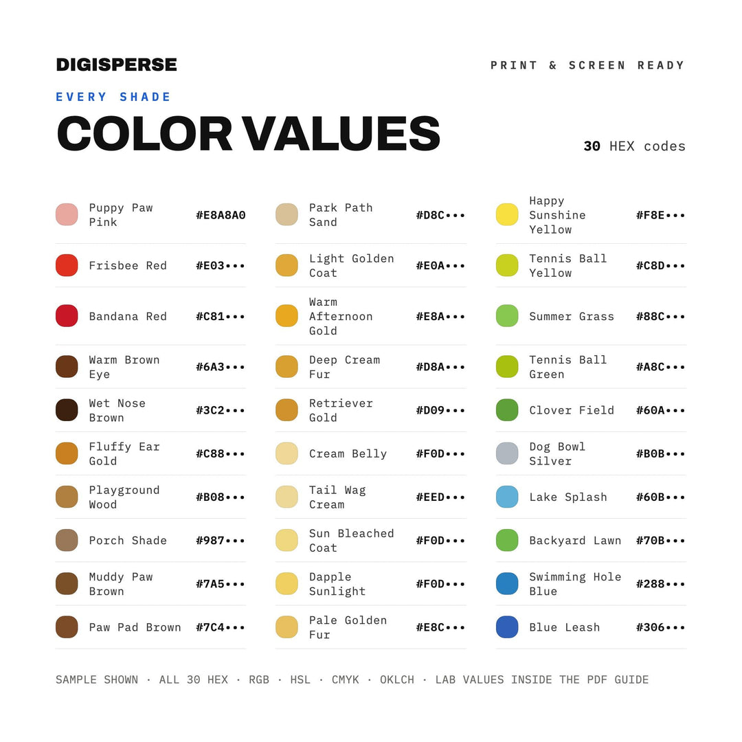 Golden Retriever Summer Color Palette | 30 Procreate Swatches, ASE (Digital Download)