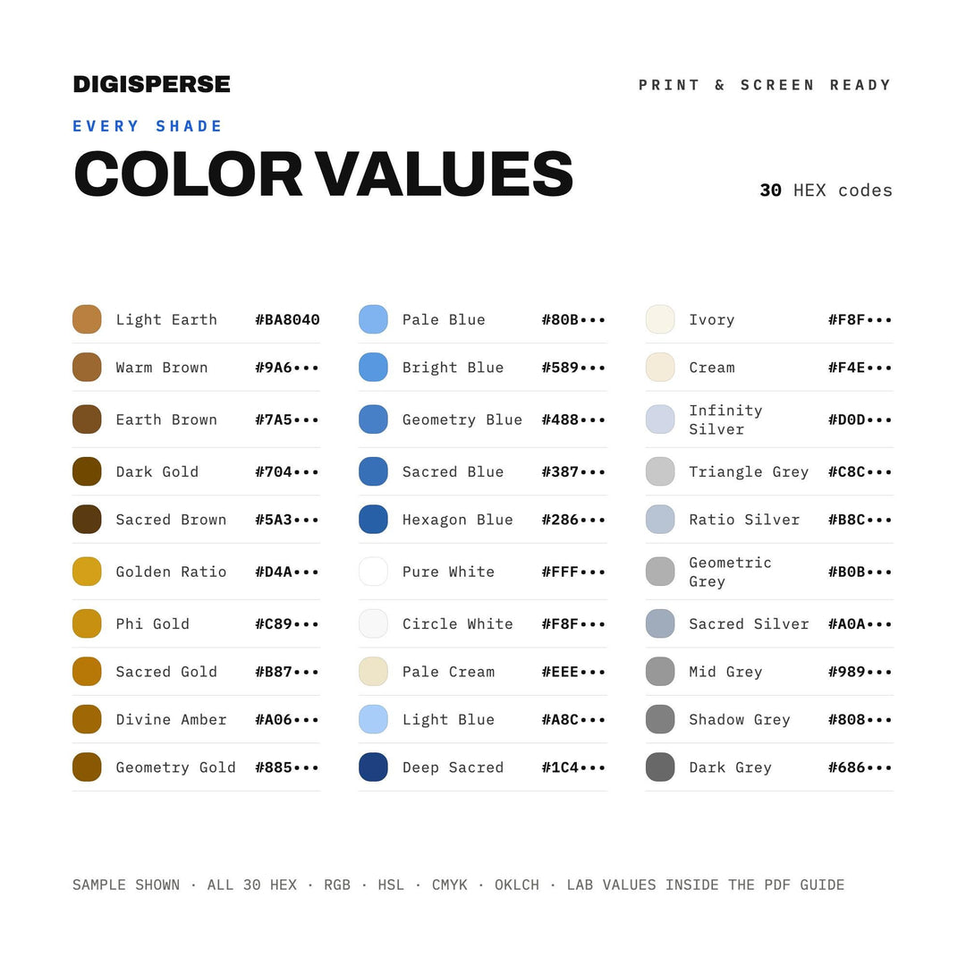 Sacred Geometry Color Palette | 30 Hex RGB CMYK Colors (Digital Download)