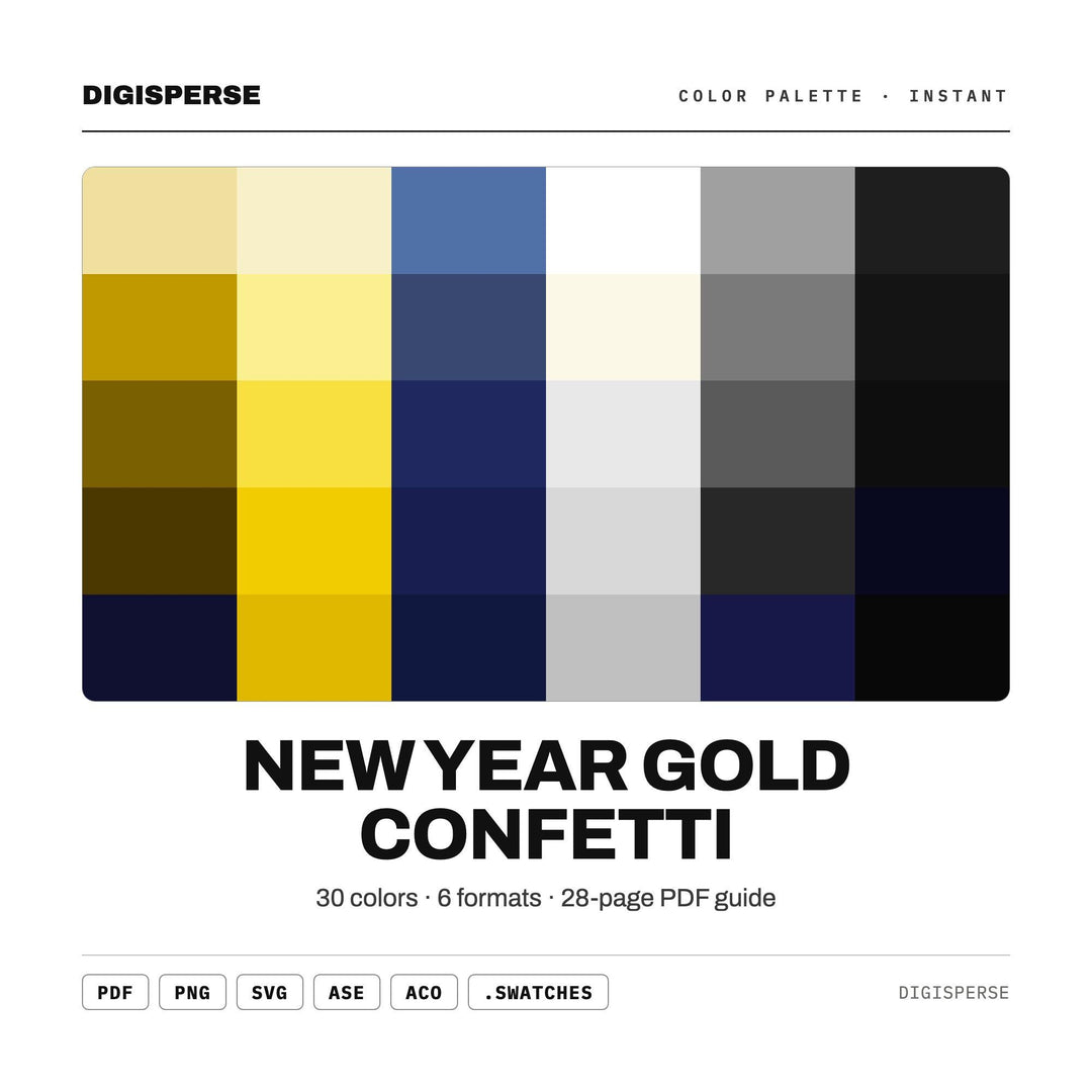 Sparkling Gold Color Palette for New Year Party Art and Festive Branding, 30 Confetti Glam Hues, Procreate Swatches