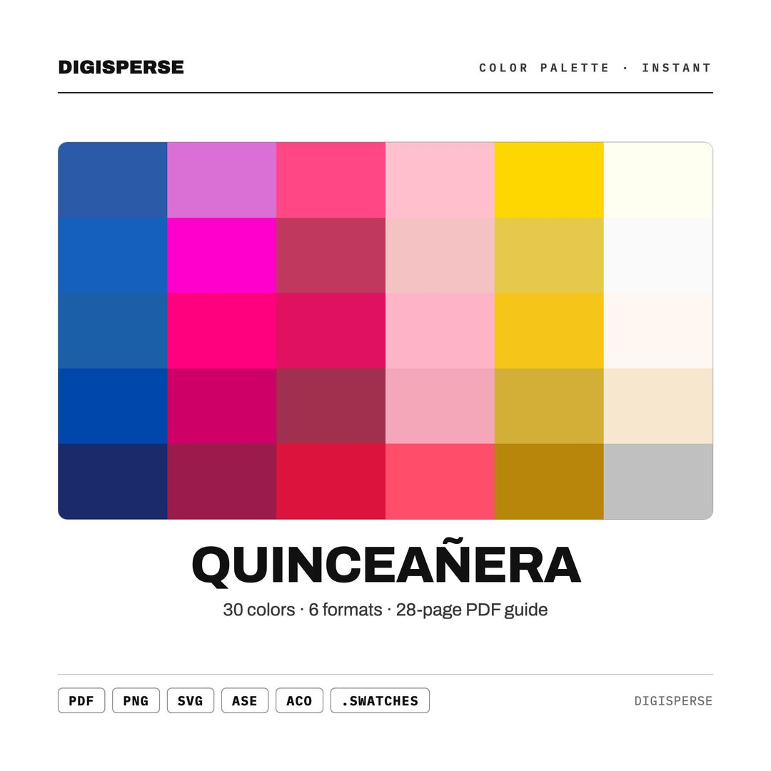 Elegant Rose Color Palette for Quince Celebration Art and Party Branding, 30 Quinceanera Gold Hues, Procreate Swatches