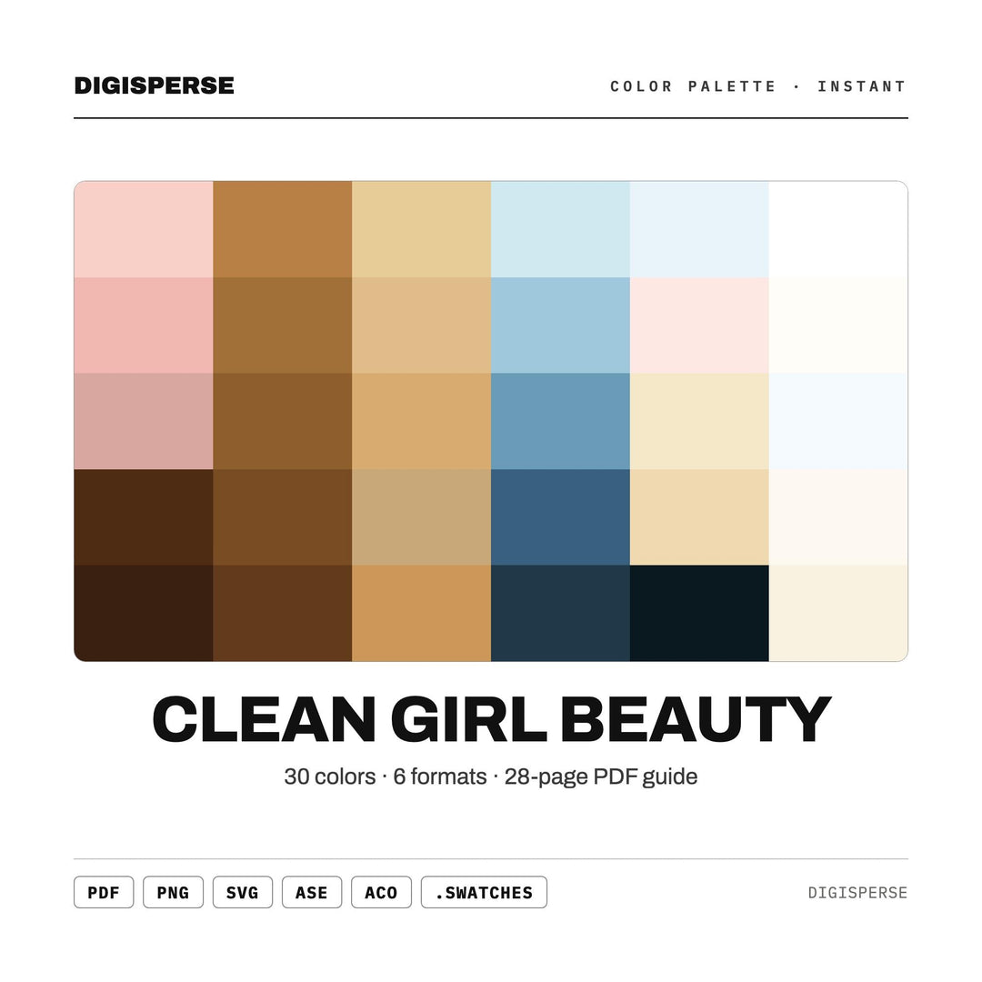 Minimal Neutral Color Palette for Clean Girl Aesthetic Art and Beauty Branding, 30 Soft Glow Hues, Procreate Swatches