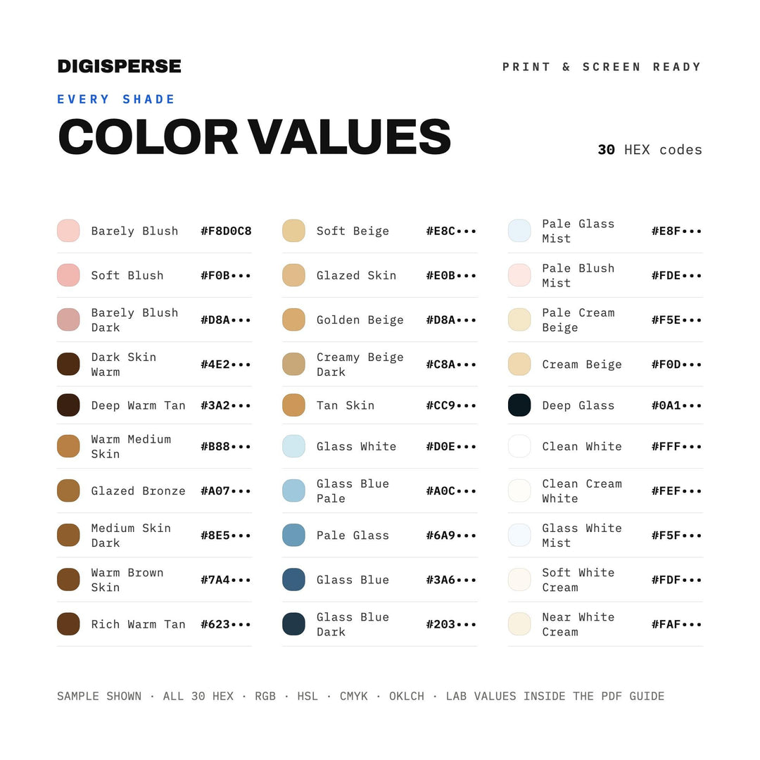Minimal Neutral Color Palette for Clean Girl Aesthetic Art and Beauty Branding, 30 Soft Glow Hues, Procreate Swatches