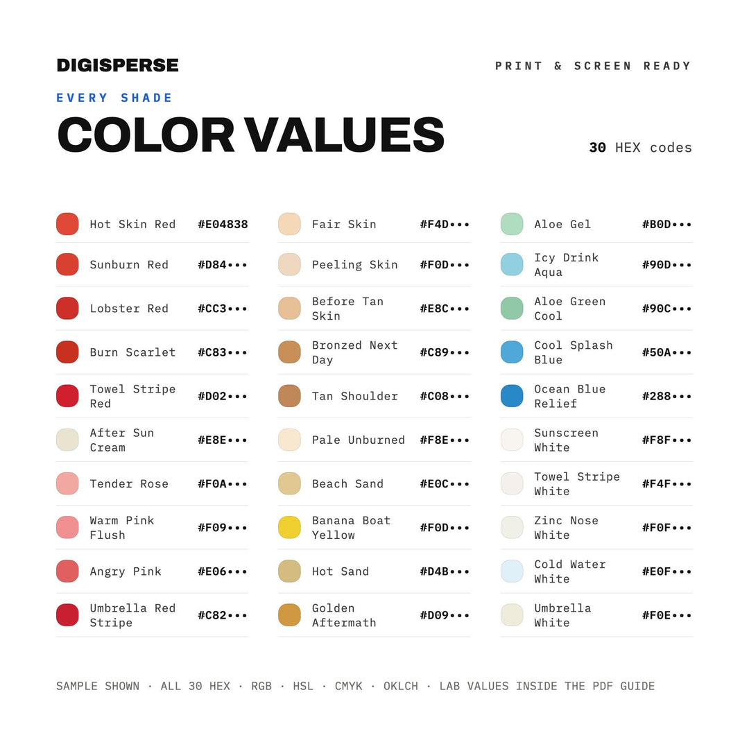 First Sunburn Color Palette | 30 Colors | Hex RGB CMYK | Procreate Swatches + ASE | Digital Download