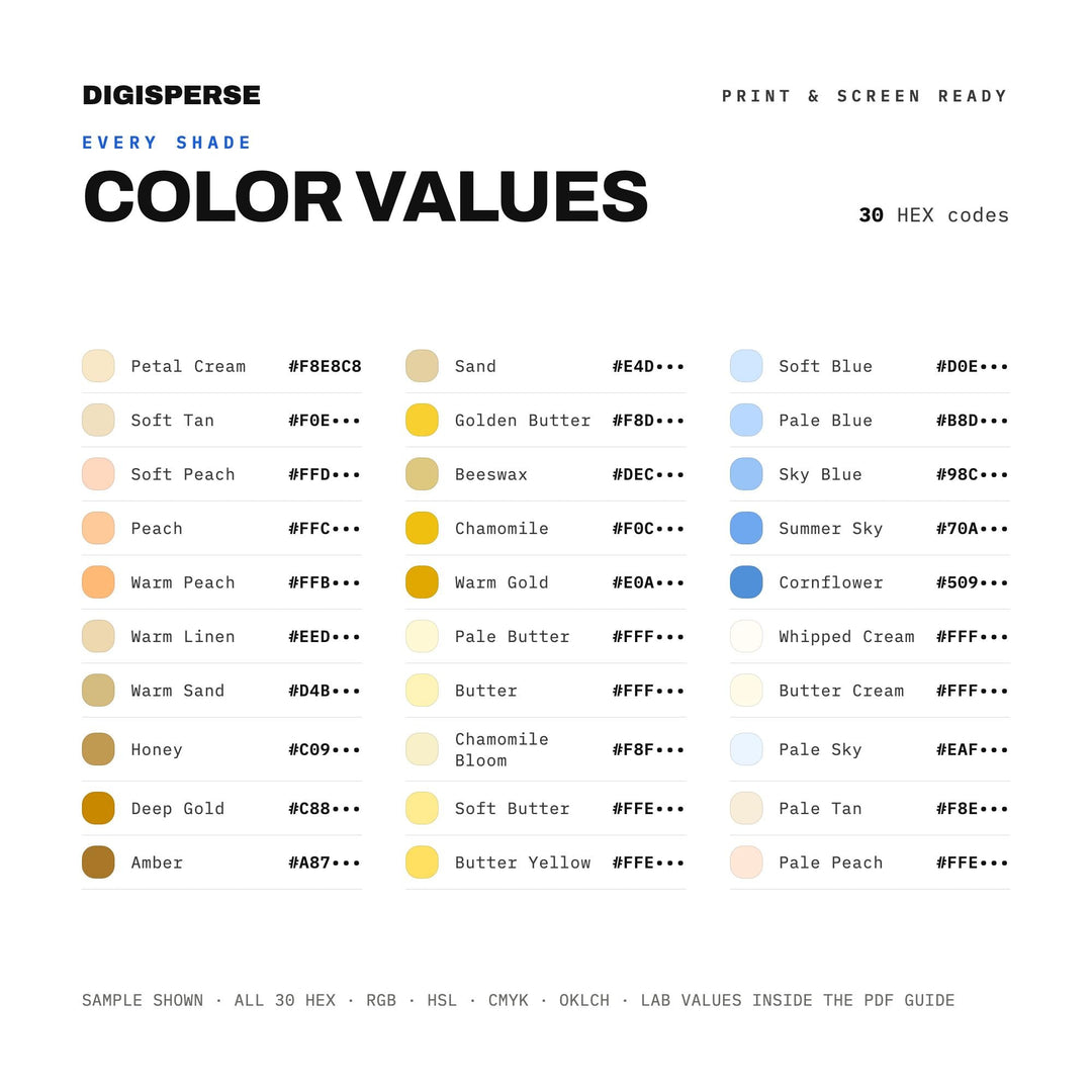 Butter Yellow Summer Color Palette | 30 Colors | Hex RGB CMYK | Procreate Swatches + ASE | Digital Download