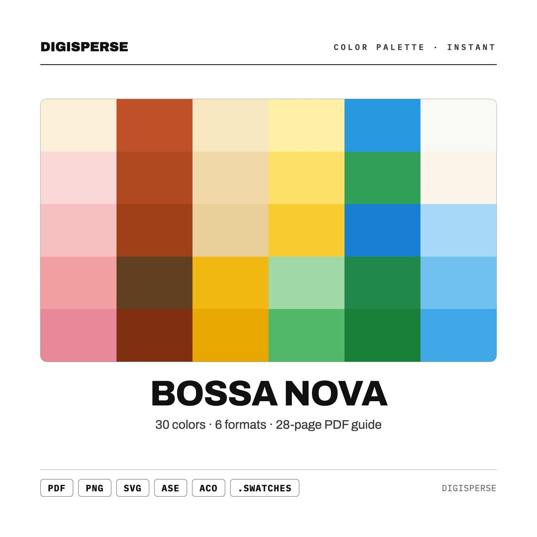 Bossa Nova Color Palette | 30 Colors | Hex RGB CMYK | Color Guide | Procreate Swatches + ASE | Digital Download