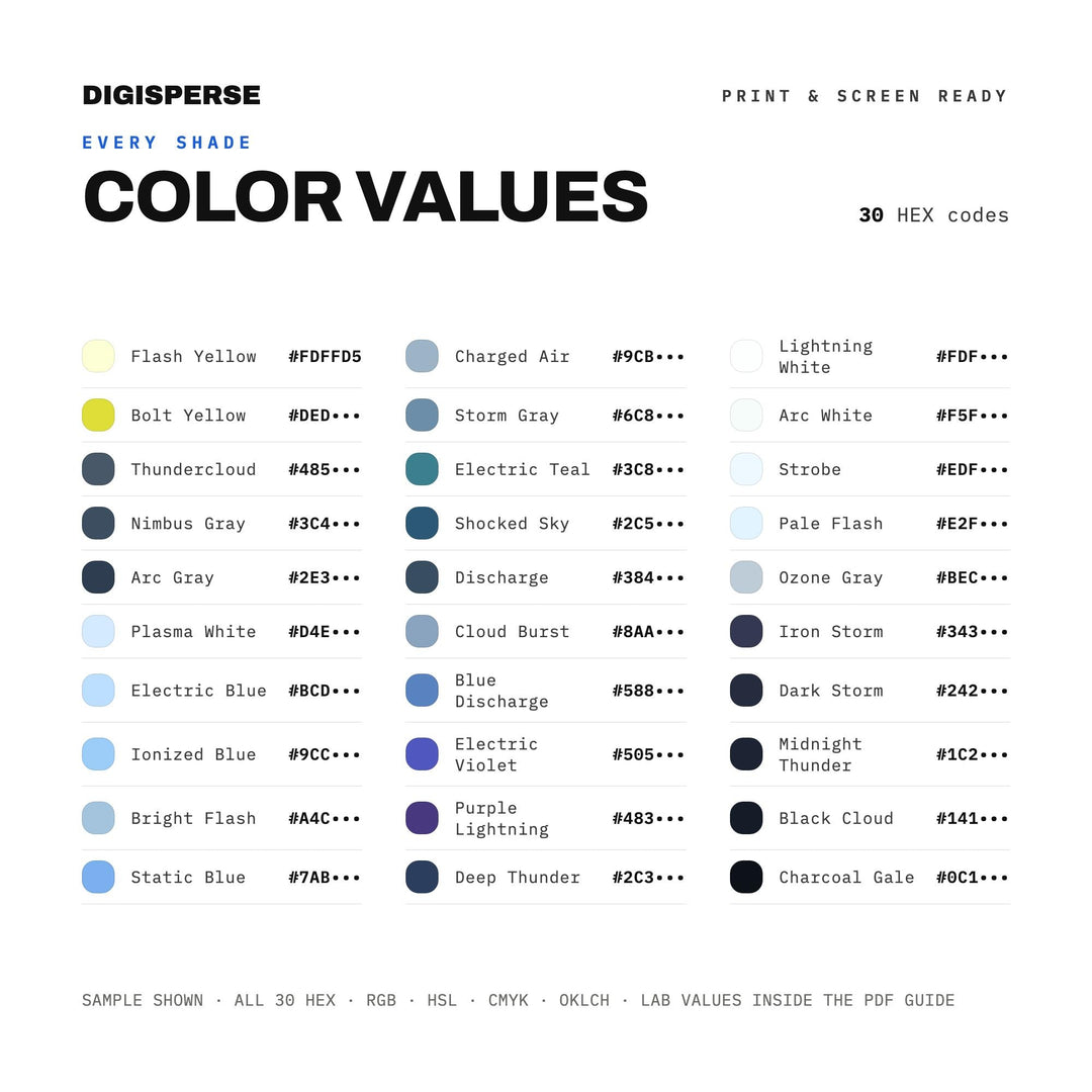 Lightning Strike Color Palette | 30 Colors | Hex RGB CMYK | Color Guide | Procreate Swatches + ASE | Digital Download