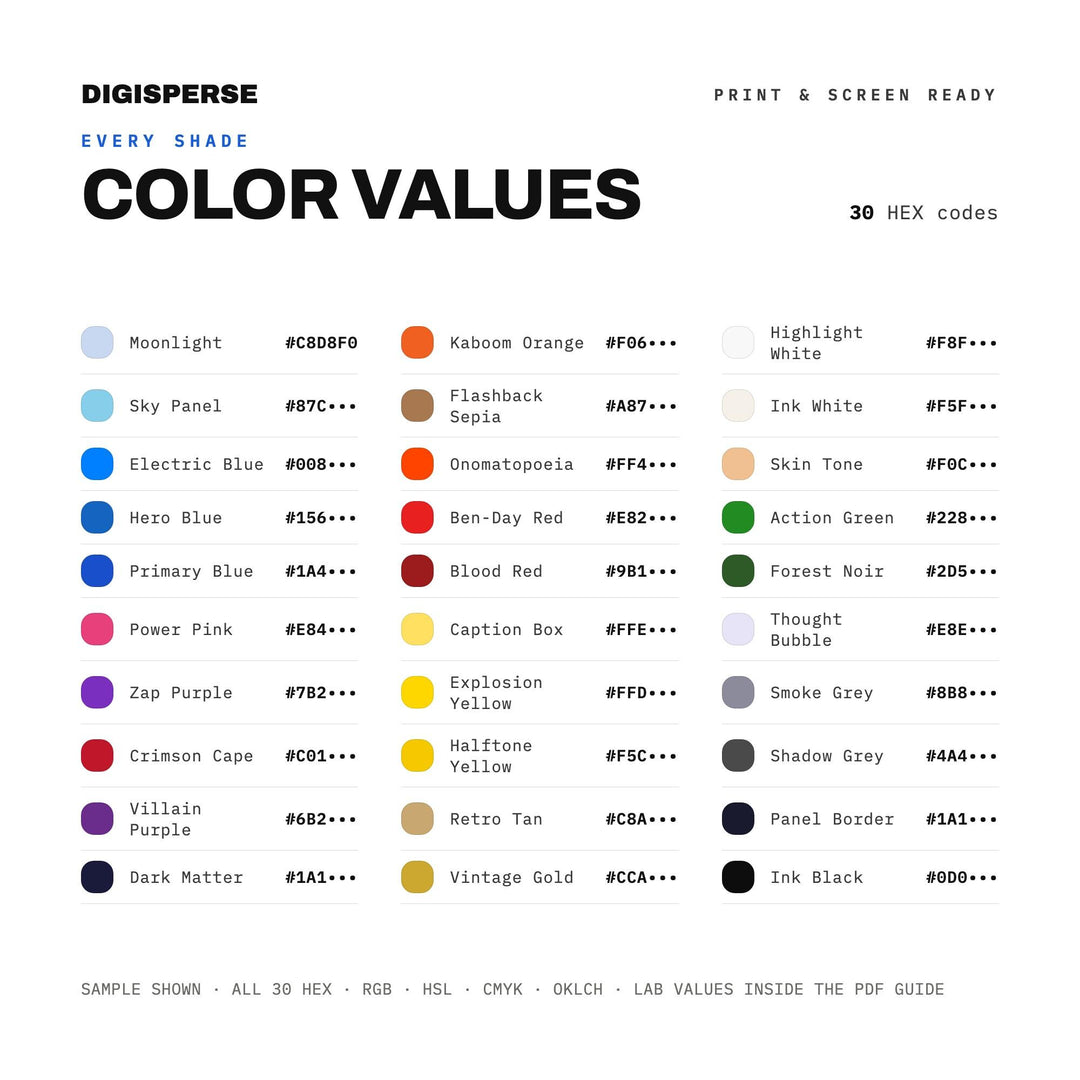 Bold Ink Color Palette for Comic Illustration Art and Indie Branding, 30 Graphic Novel Hues, Procreate Swatches, Hex Codes