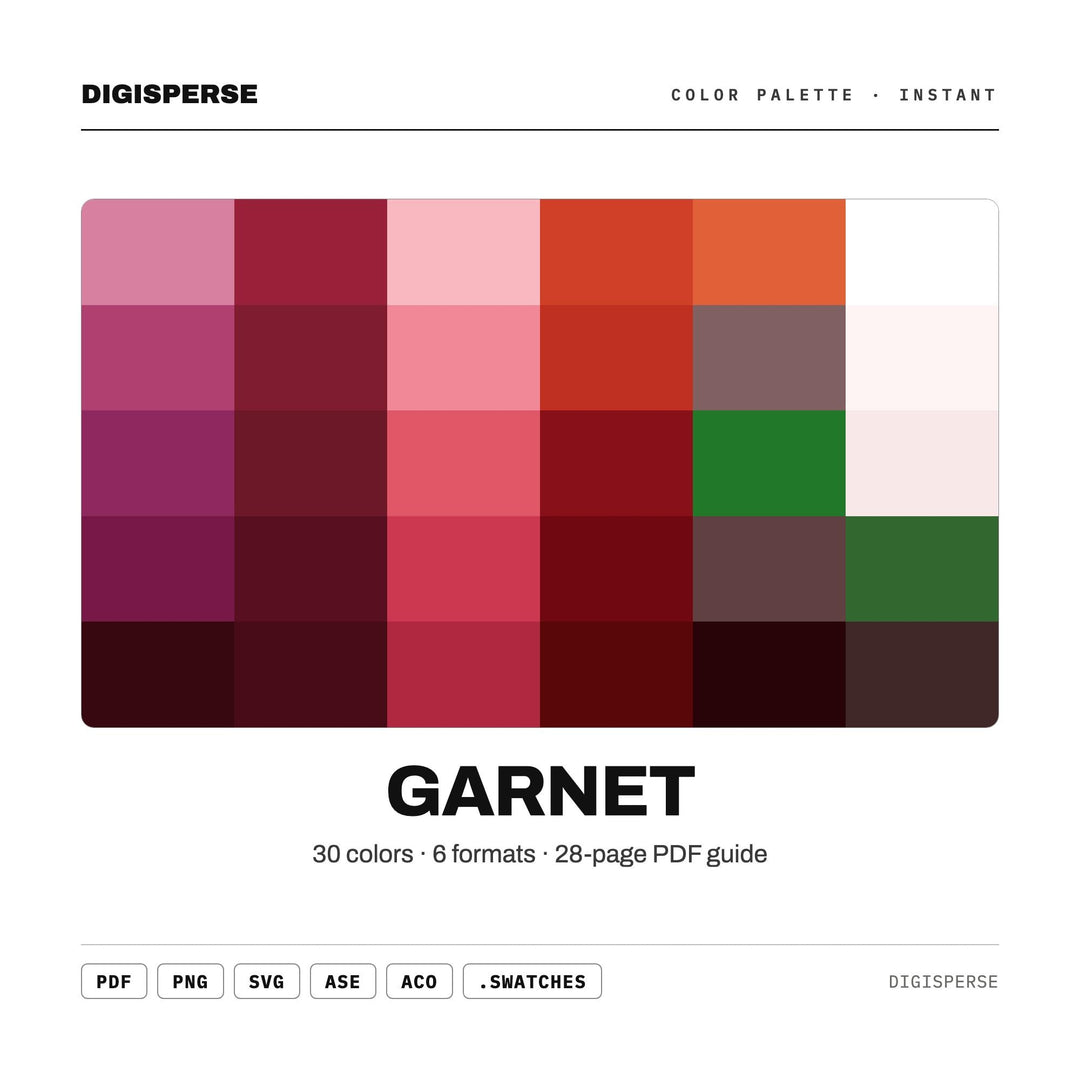 Garnet Color Palette | 30 Deep Red Shades, HEX, RGB, CMYK, Procreate (Digital Download - ase)