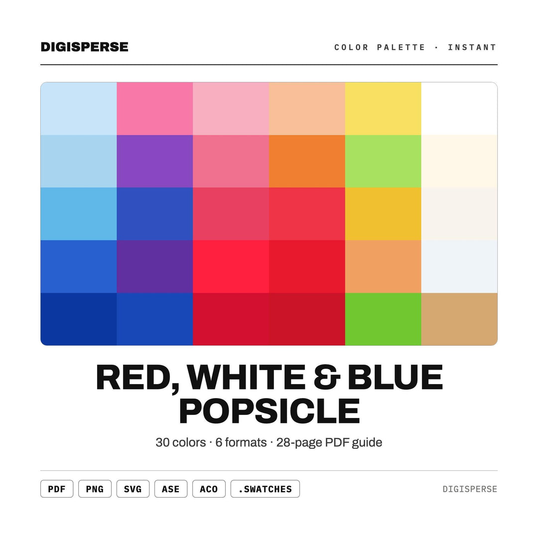 Red, White & Blue Popsicle Color Palette | 30 Colors | Hex RGB CMYK | Procreate Swatches + ASE | Digital Download