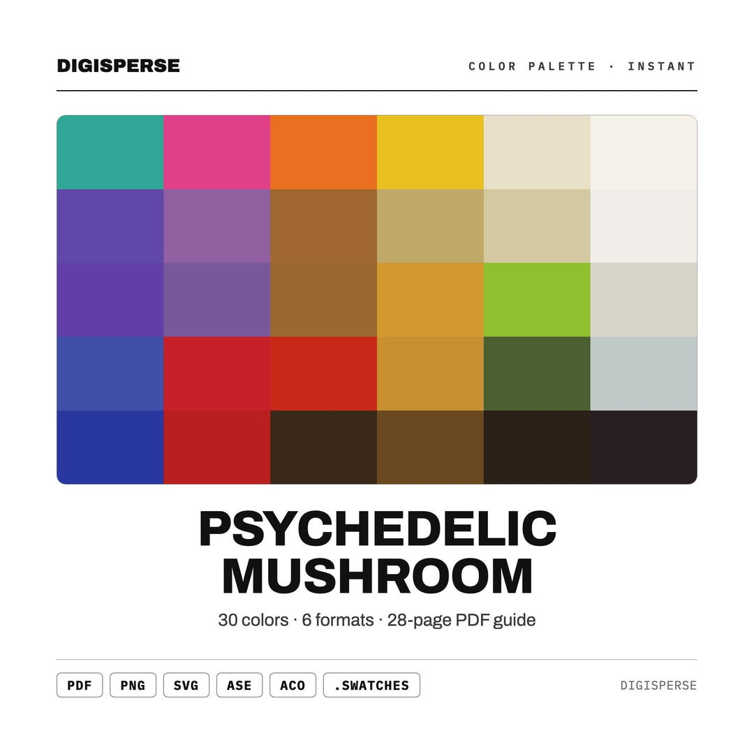 Psychedelic Mushroom Color Palette | 30 Colors | Hex RGB CMYK | Procreate Swatches + ASE | Digital Download
