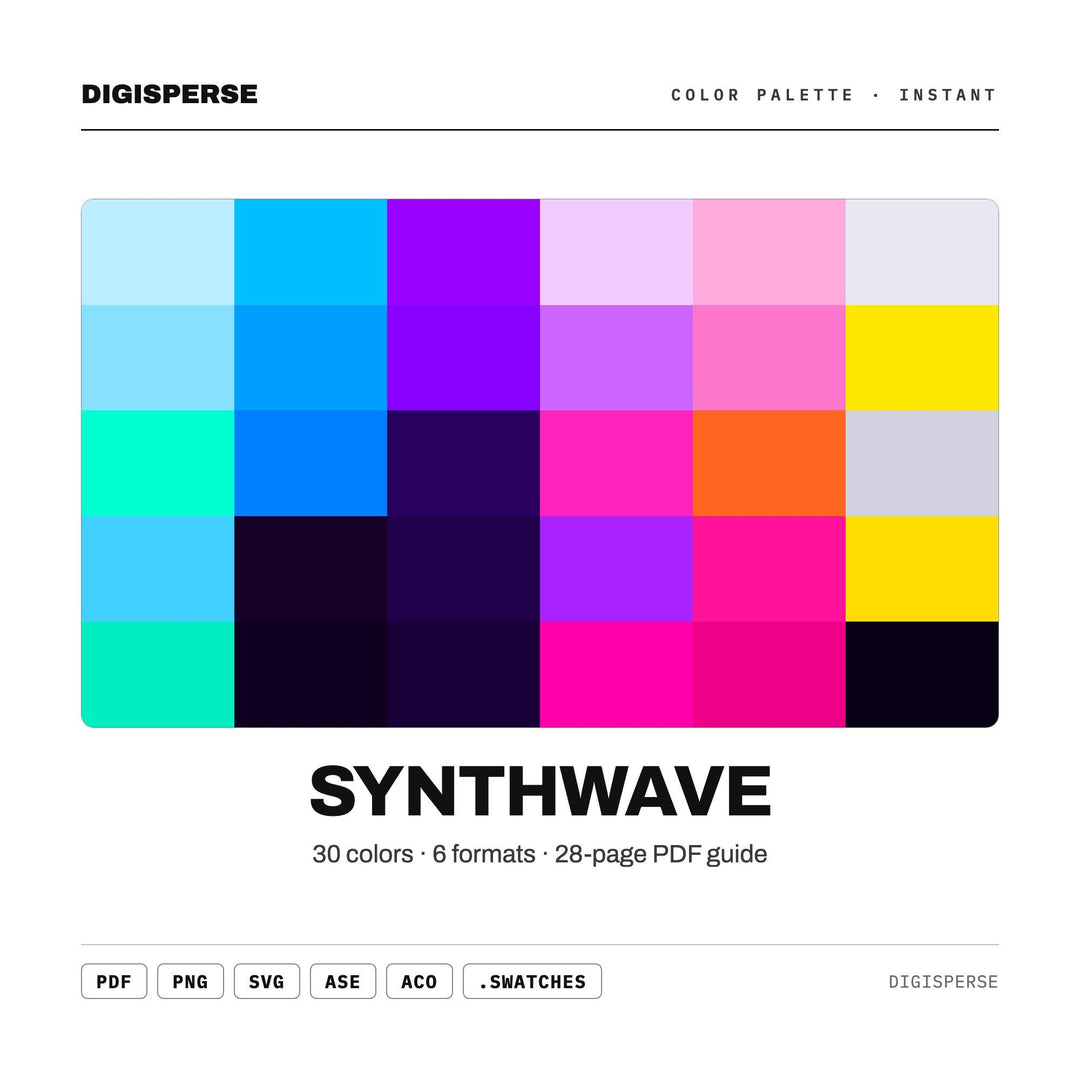 Retro Neon Color Palette for 80s Sci Fi Art and Outrun Music Branding, 30 Synthwave Grid Hues, Procreate Swatches, Hex Codes