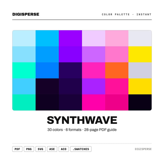 Retro Neon Color Palette for 80s Sci Fi Art and Outrun Music Branding, 30 Synthwave Grid Hues, Procreate Swatches, Hex Codes
