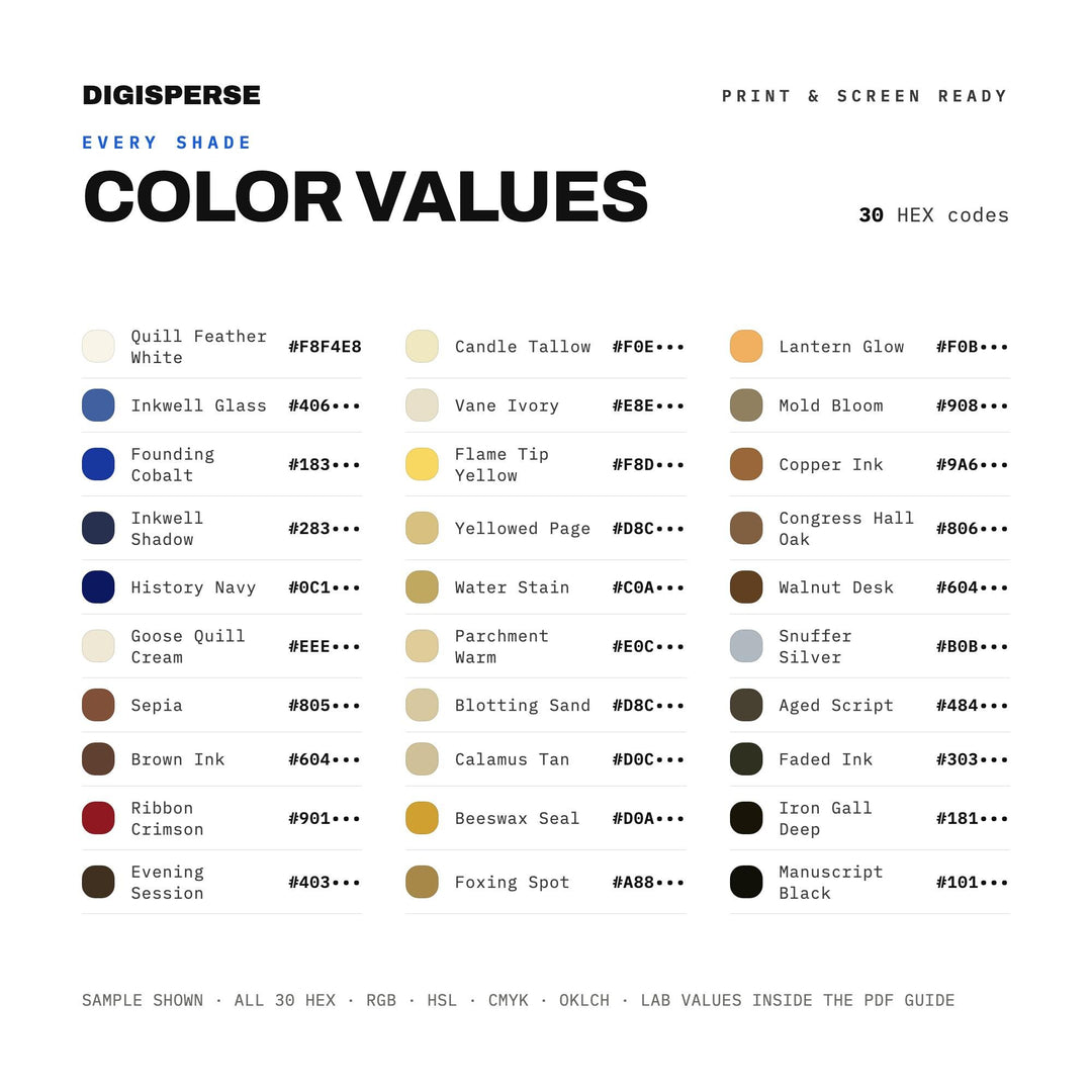 Constitutional Quill & Ink Color Palette | 30 Colors | Hex RGB CMYK | Procreate Swatches + ASE | Digital Download