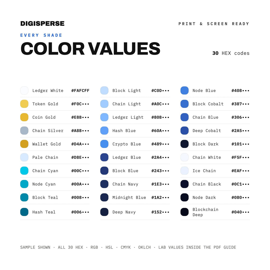 Blockchain Blue Color Palette | 30 Procreate Swatches, HEX, RGB, CMYK (Digital Download)