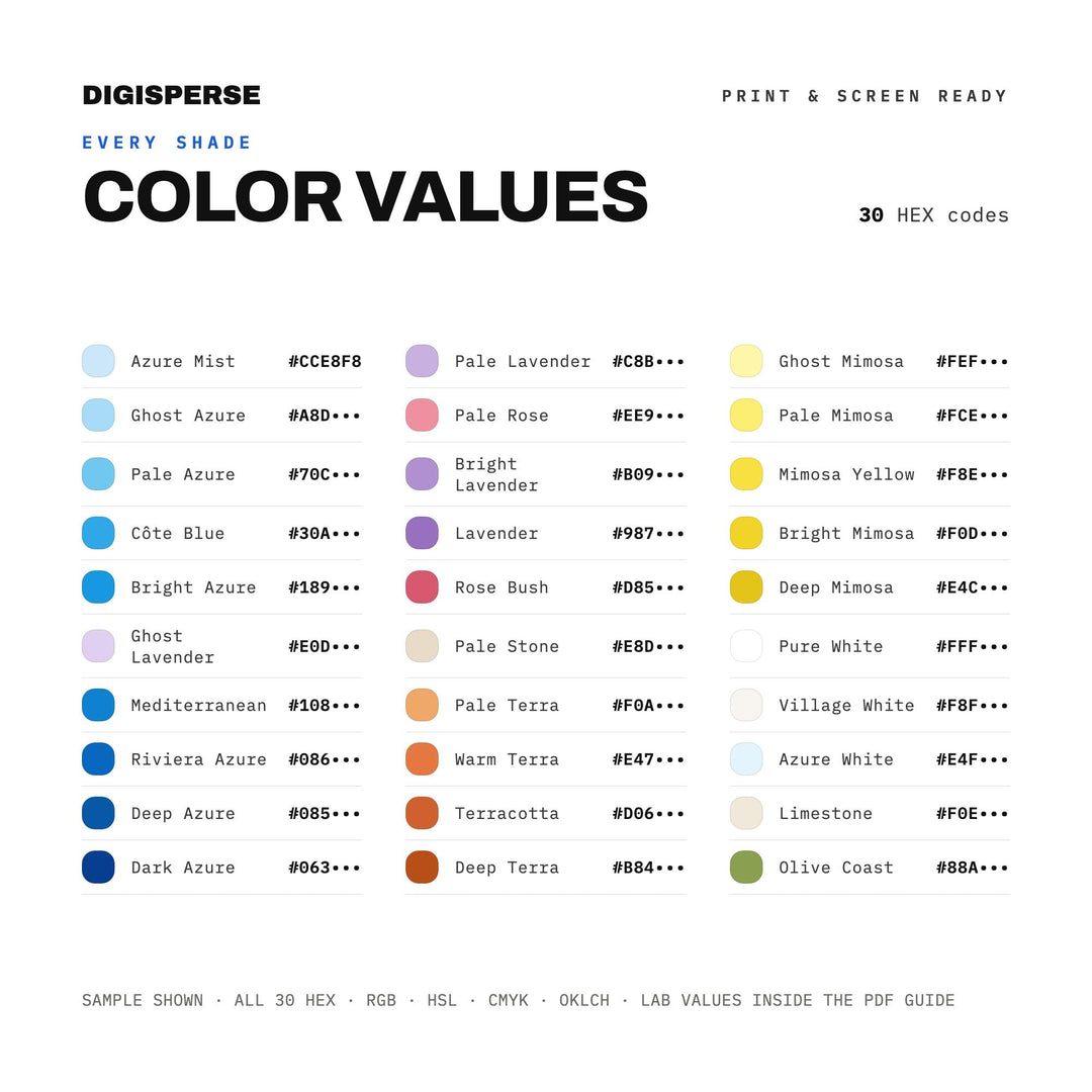 French Riviera Color Palette | 30 Colors | Hex RGB CMYK | Color Guide | Procreate Swatches + ASE | Digital Download