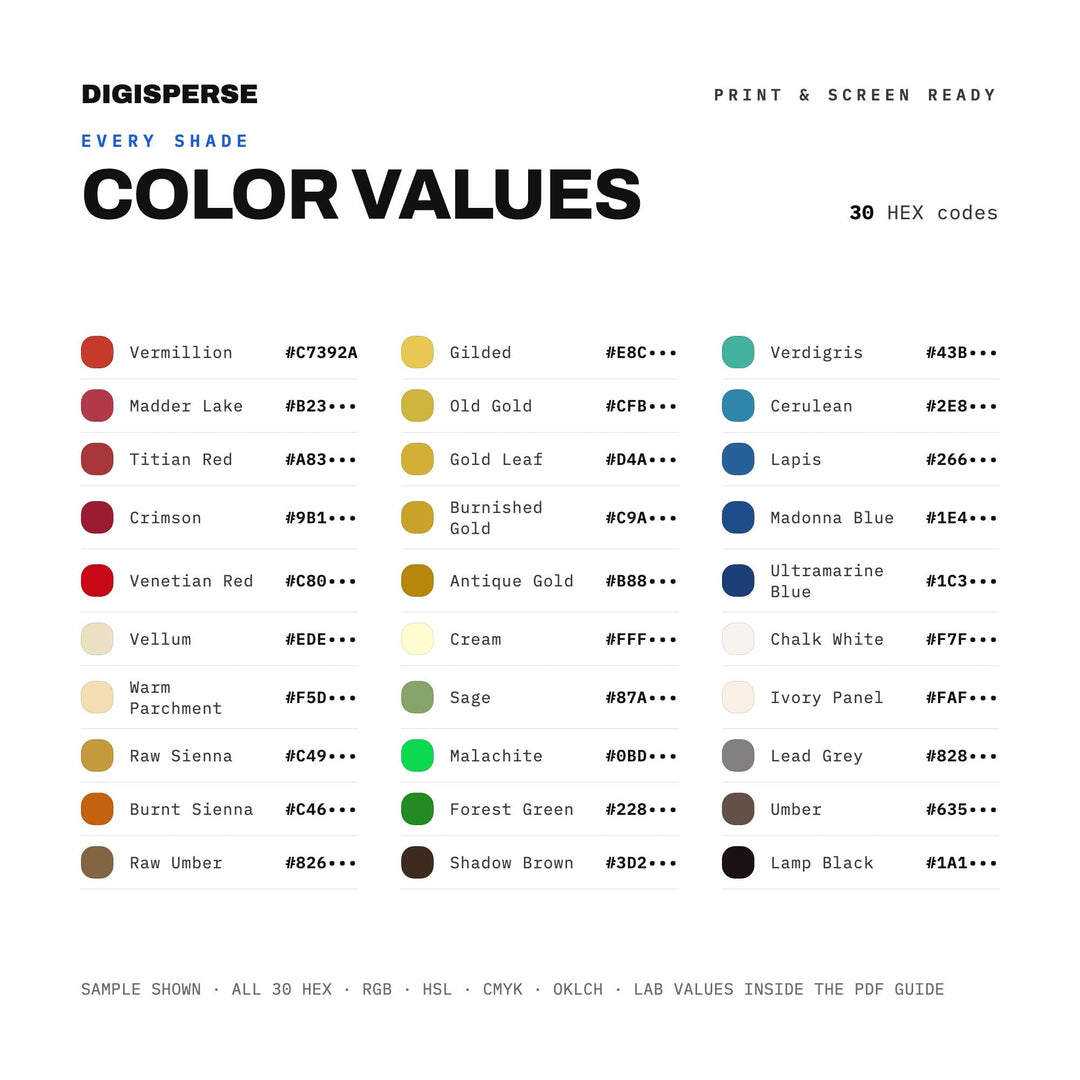 Renaissance Gold Color Palette | 30 Procreate Swatches, HEX, RGB, CMYK (Digital Download)