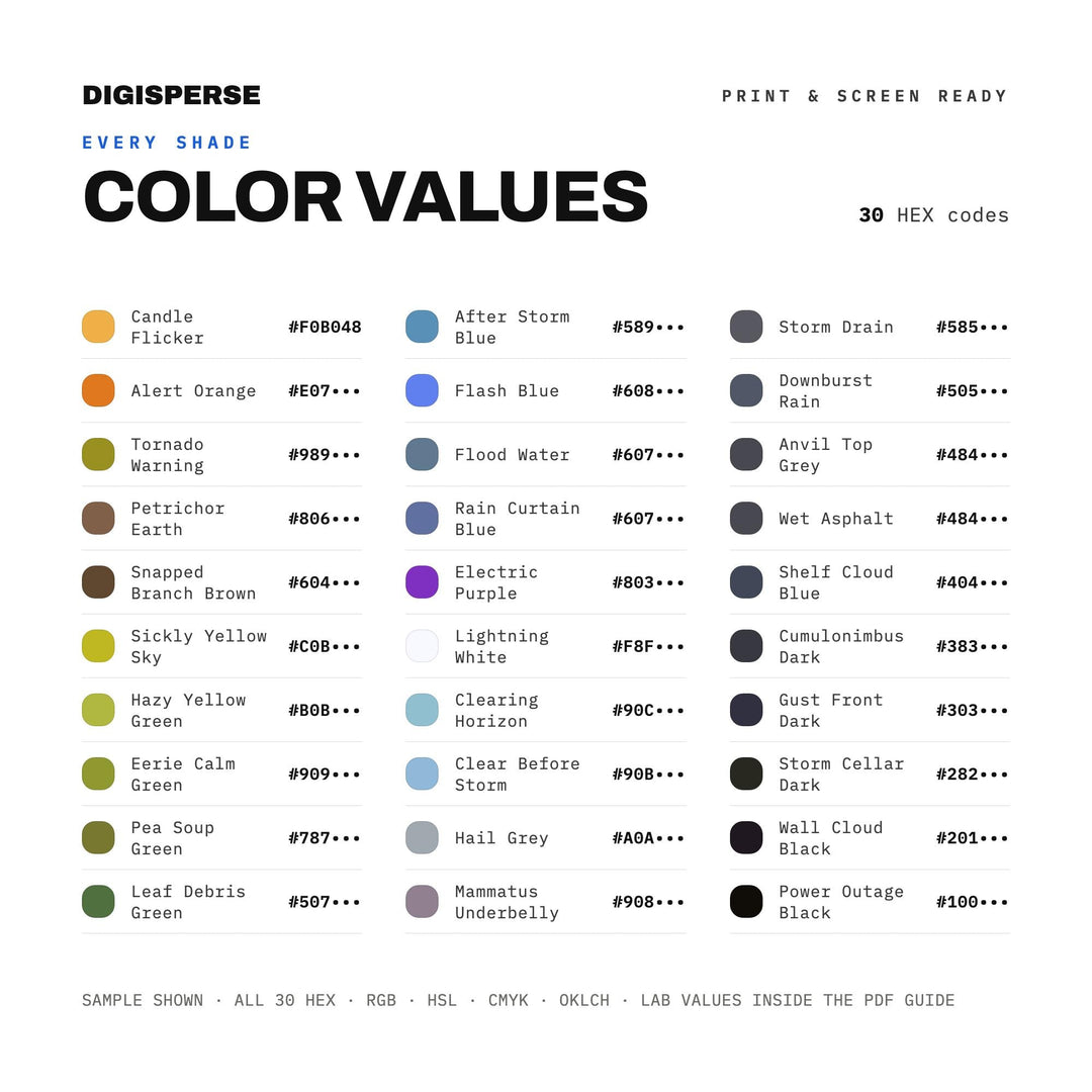 Thunderstorm Approaching Color Palette | 30 Colors | Hex RGB CMYK | Procreate Swatches + ASE | Digital Download