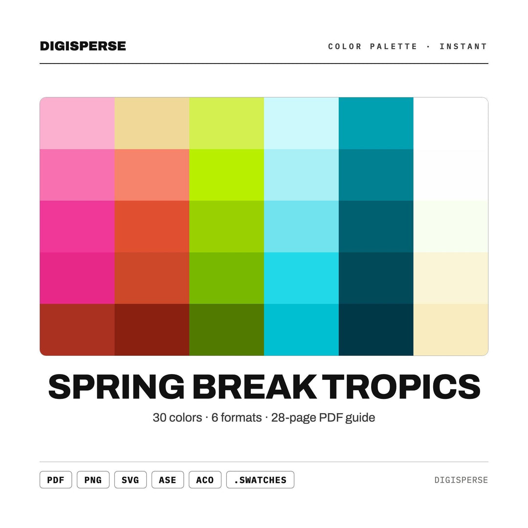 Vibrant Tropical Color Palette for Beach Vacation Art and Summer Branding, 30 Spring Break Hues, Procreate Swatches