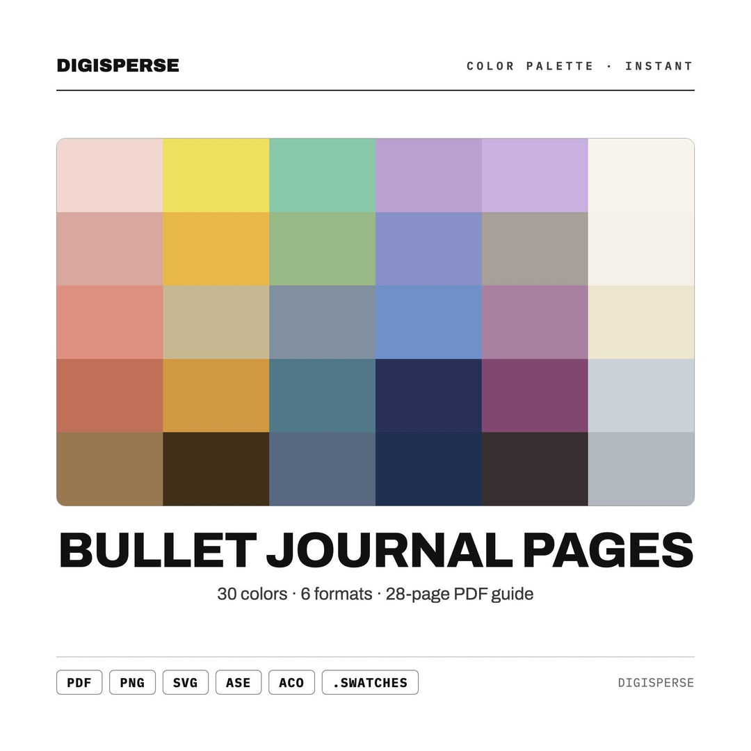 Bullet Journal Pages Color Palette | 30 Colors | Hex RGB CMYK | Procreate Swatches + ASE | Digital Download