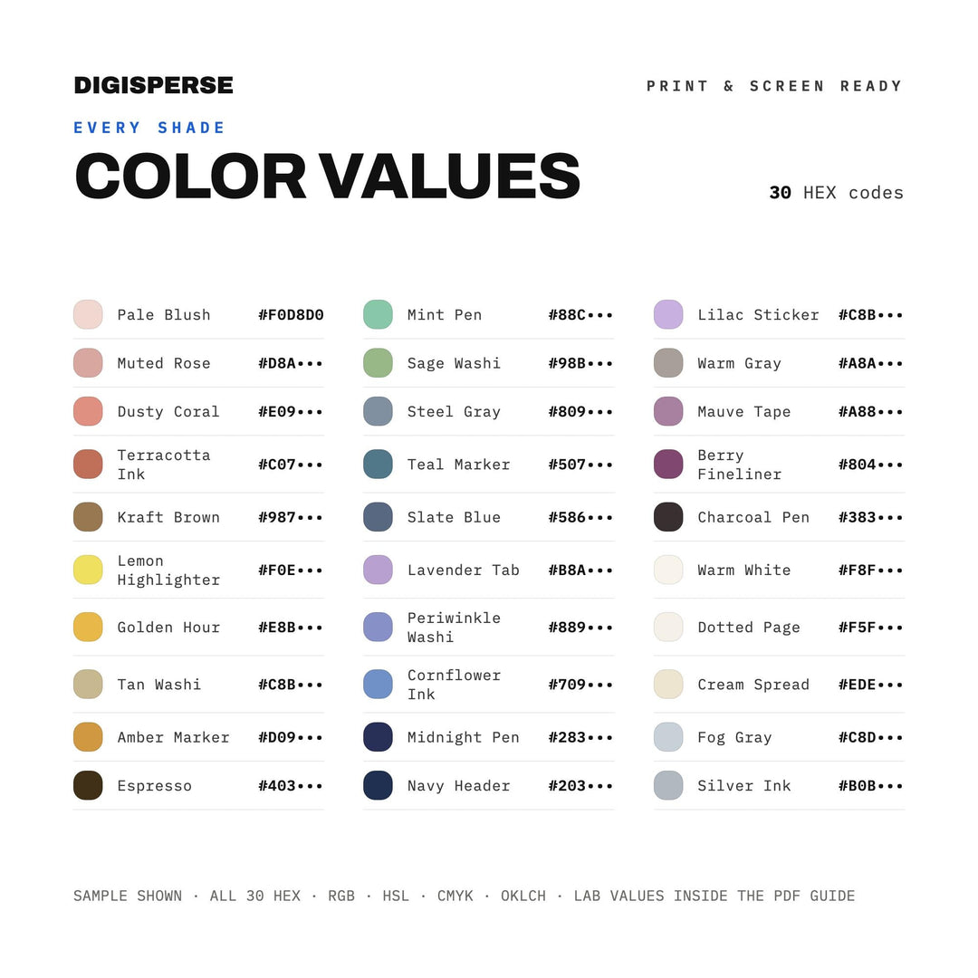 Bullet Journal Pages Color Palette | 30 Colors | Hex RGB CMYK | Procreate Swatches + ASE | Digital Download