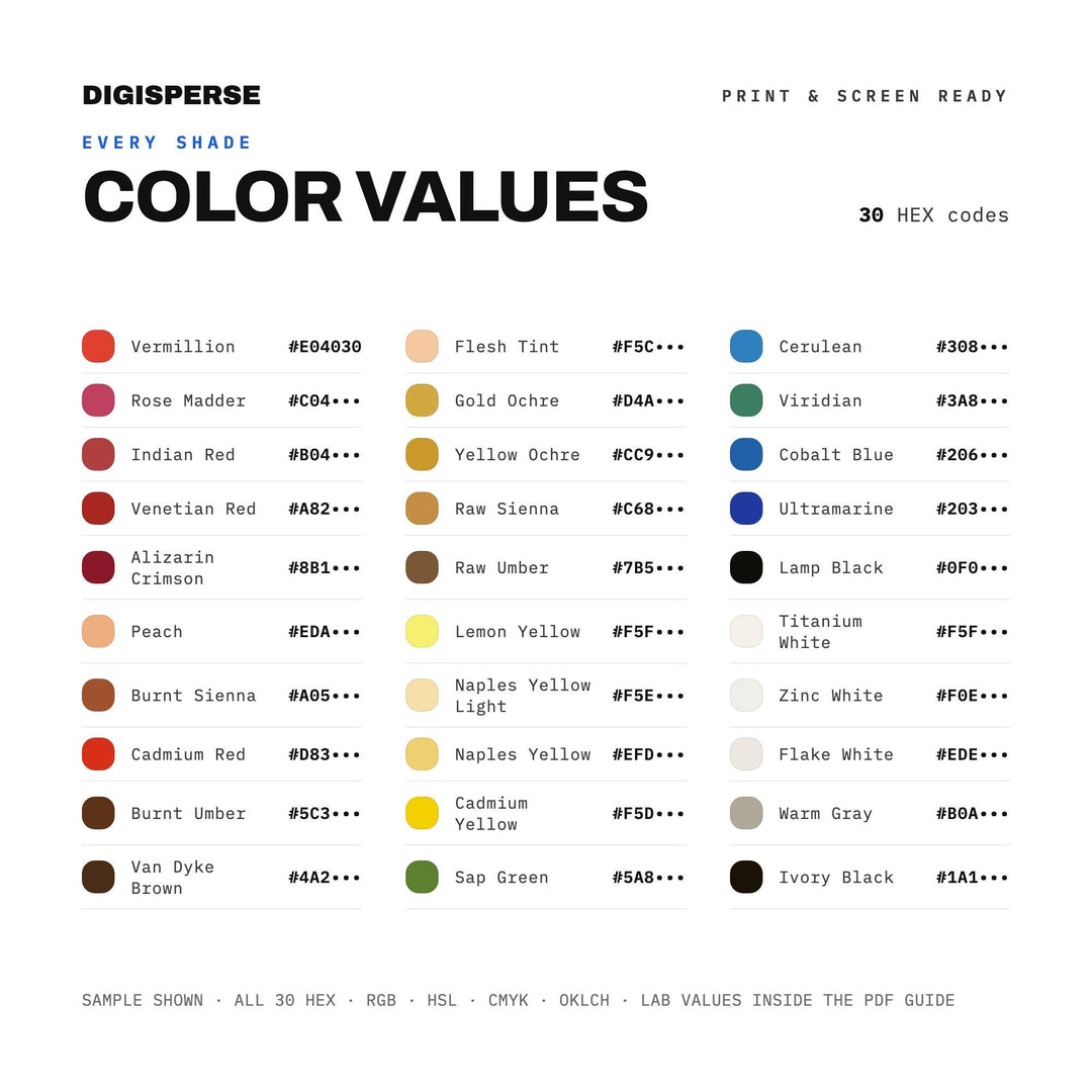 Rich Classical Color Palette for Portrait Painting Art and Fine Studio Branding, 30 Oil Paint Hues, Procreate Swatches