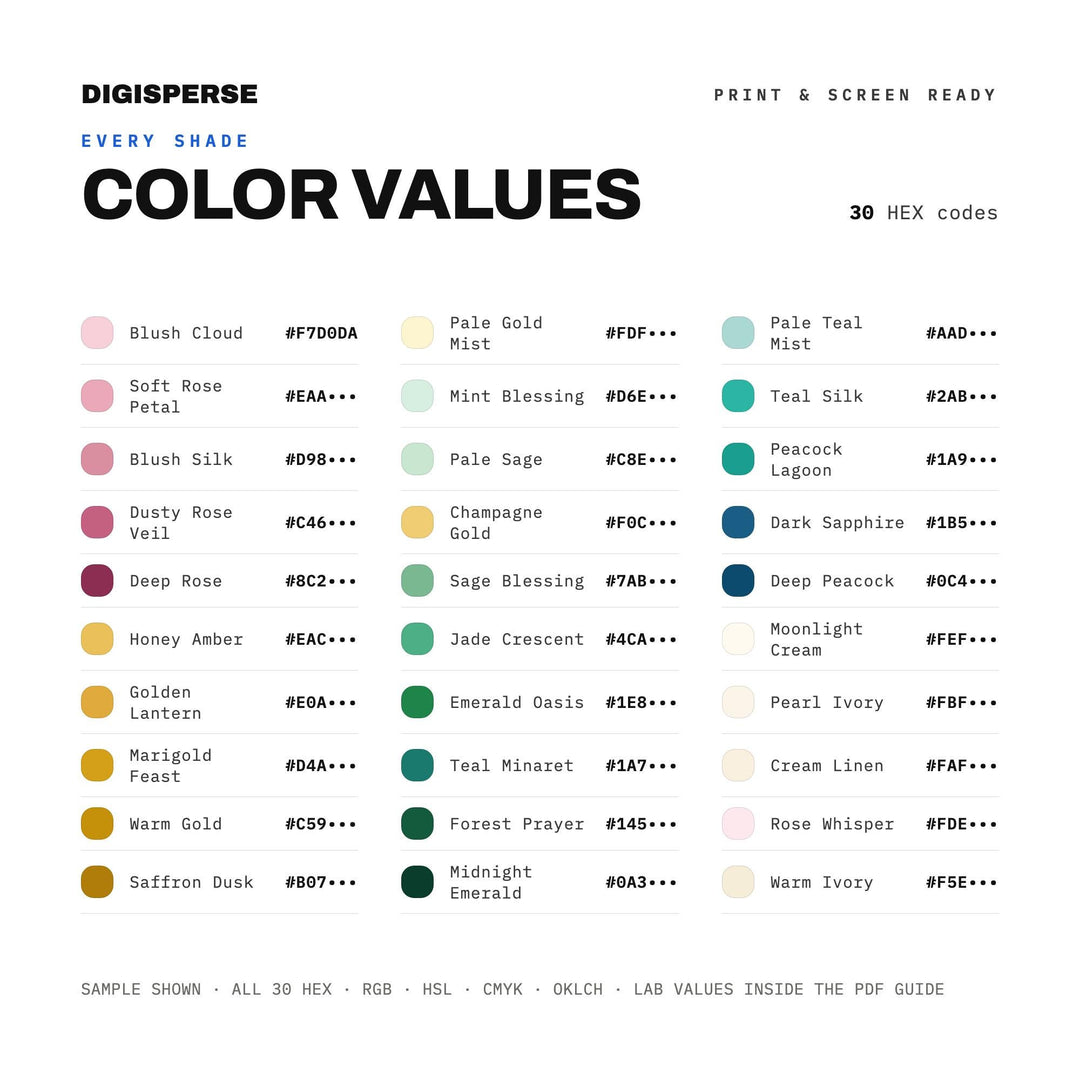 Elegant Green Gold Color Palette for Eid Celebration Art and Islamic Branding, 30 Festive Eid Hues, Procreate Swatches