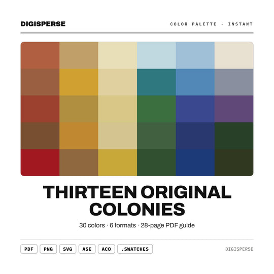 Thirteen Original Colonies Color Palette | 30 Colors | Hex RGB CMYK | Procreate Swatches + ASE | Digital Download