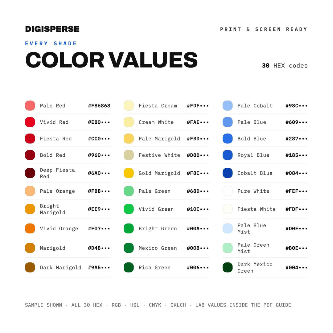 Vibrant Festive Color Palette for Mexican Fiesta Art and Celebration Branding, 30 Cinco Mayo Hues, Procreate Swatches