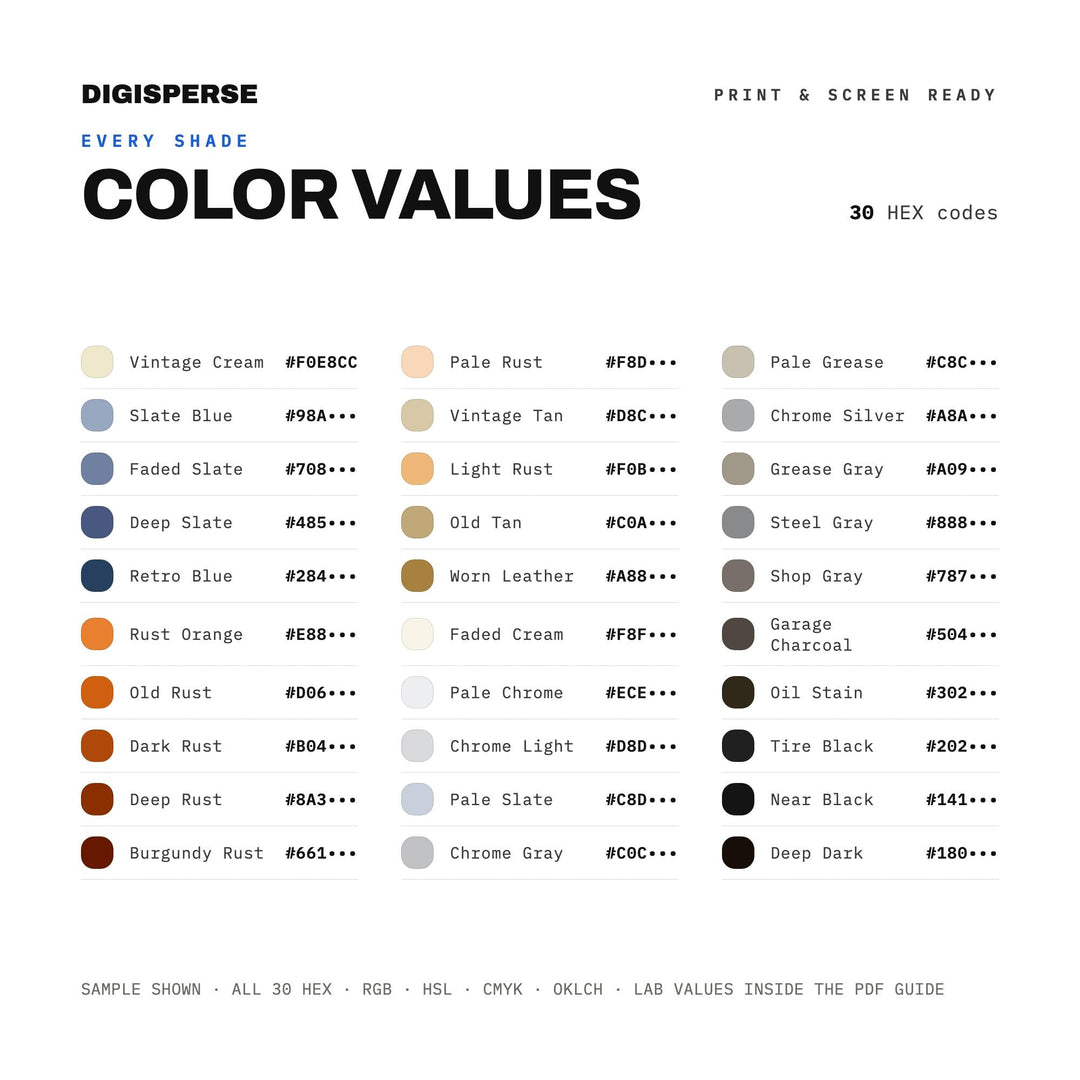 Dad Garage Retro Color Palette | 30 Procreate Swatches, ASE (Digital Download)