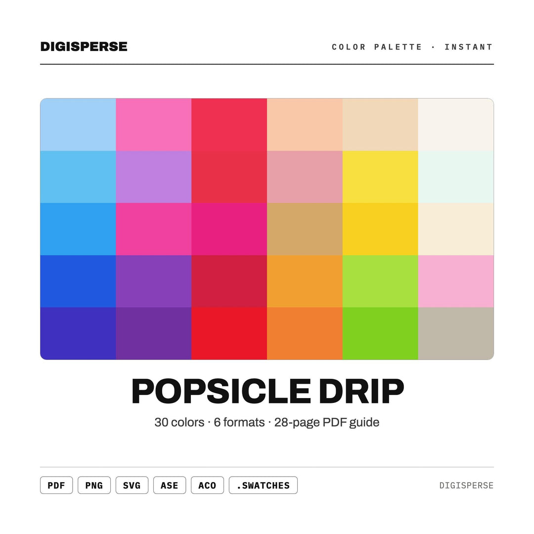 Popsicle Drip Color Palette | 30 Colors | Hex RGB CMYK | Procreate Swatches + ASE | Digital Download