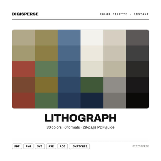 Vintage Ink Color Palette for Antique Print Art and Classic Poster Branding, 30 Lithograph Muted Hues, Procreate Swatches, Hex Codes