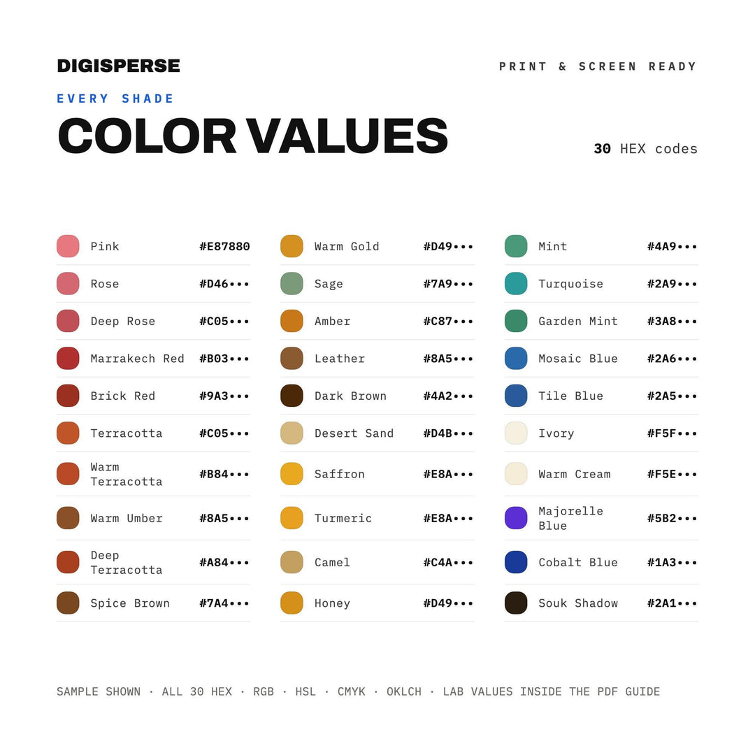 Moroccan Souk Color Palette | 30 Colors, Hex, RGB, CMYK (Digital Download)