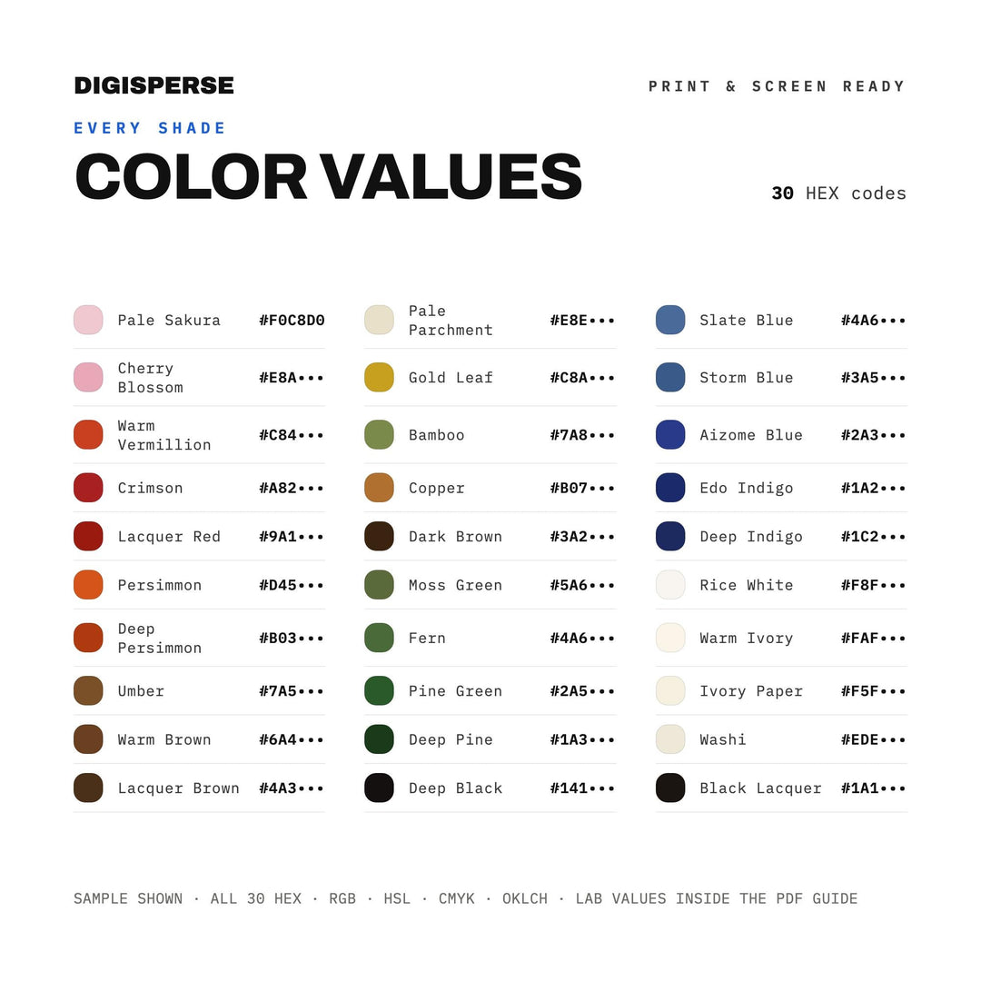 Ukiyo-e Color Palette for Japanese Woodblock Art and Traditional Branding, 30 Edo Period Muted Hues, Procreate Swatches, Hex Codes