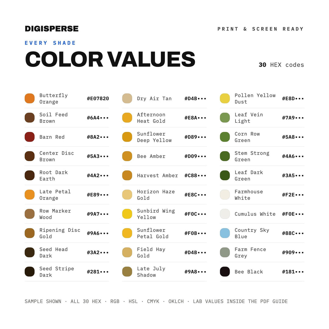 Sunflower Patch July Color Palette | 30 Colors | Hex RGB CMYK | Procreate Swatches + ASE | Digital Download
